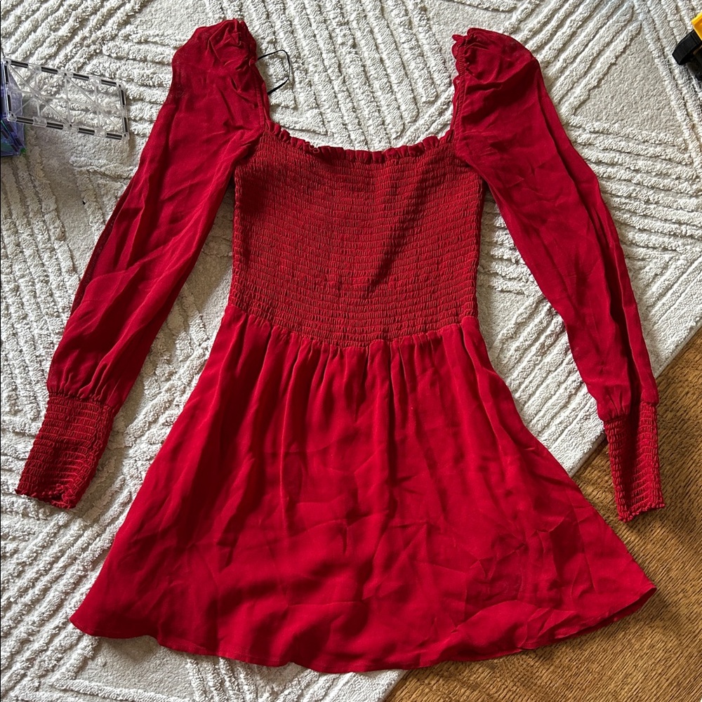 Reformation Crimson Red Long Sleeve Smocked Mini Dress